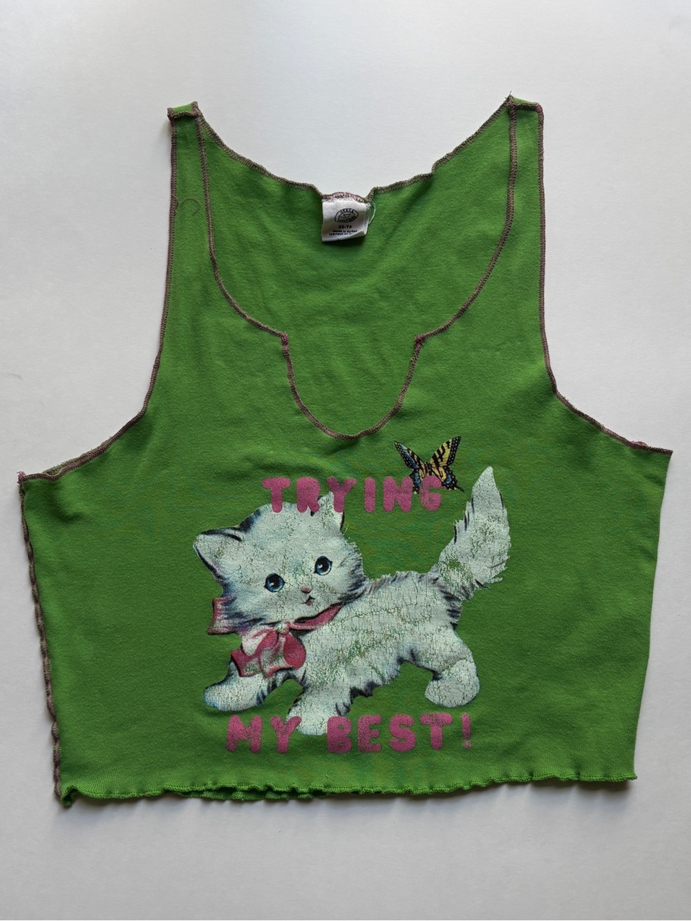 Urban Outfitters Y2K Kitten Graphic Crop Tank XS Green Contrast Stitch